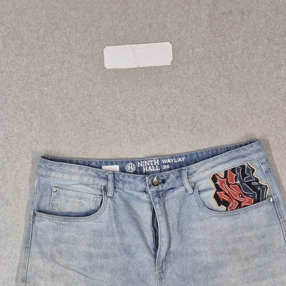 Ninth Hall Men Shorts 36 Light Blue Denim Y2K Grunge Embroidered Graphic Skull